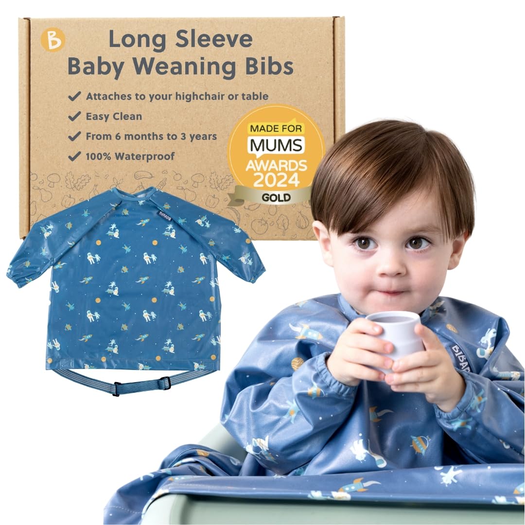 BIBaDO Long Sleeve Baby Bibs - Coverall Weaning Bib with Highchair Strap