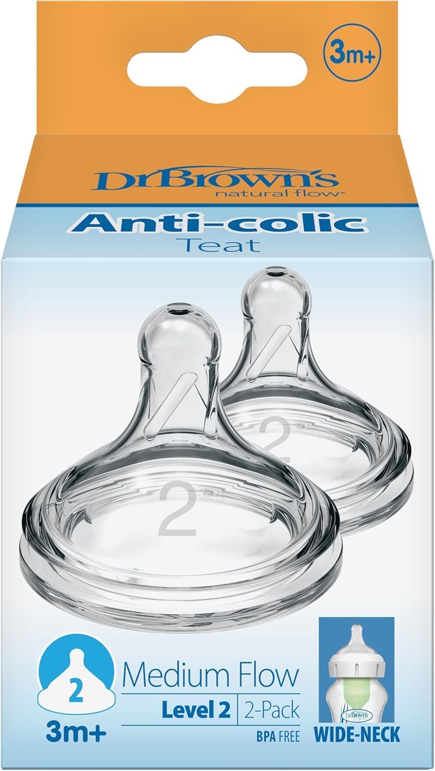 Dr. Brown’s Natural Flow Level 2 Wide-Neck Baby Bottle Silicone Teat, Medium Flow, 3m+, 100% Silicone Bottle Teat, 2-Pack