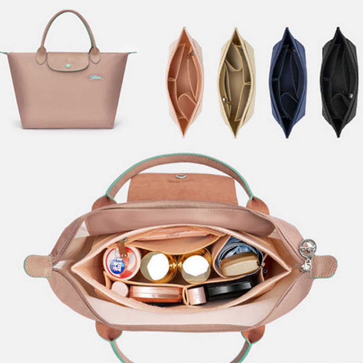 Lckaey tote bag organizer insert for Longchamp le pliage large tote insert felt purse zipper bag organizer 1028pink-S
