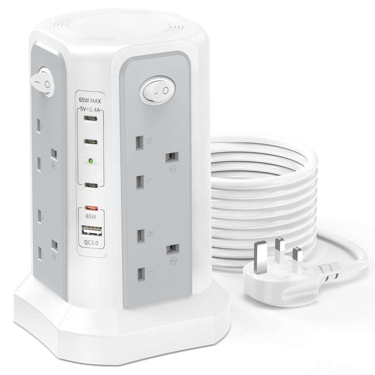 HAFINO Tower Extension Lead 3M with USB Slots and Night Light, 4 Switches