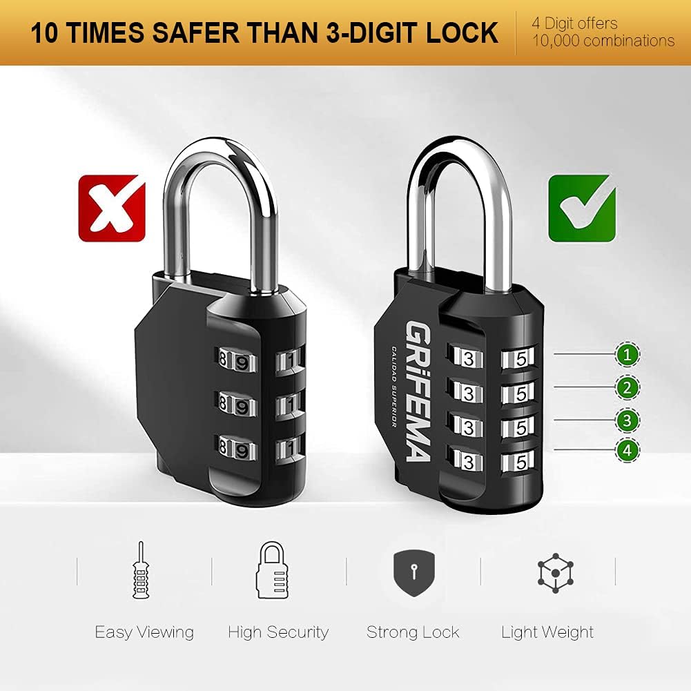 GRIFEMA Combination Padlocks with 4 Digit Code, Locker Padlock Outdoor Heavy Duty Weatherproof for School Gym Locker cabinet, Garage, Gate, Shed GA1001-1 (1 PACK), Black