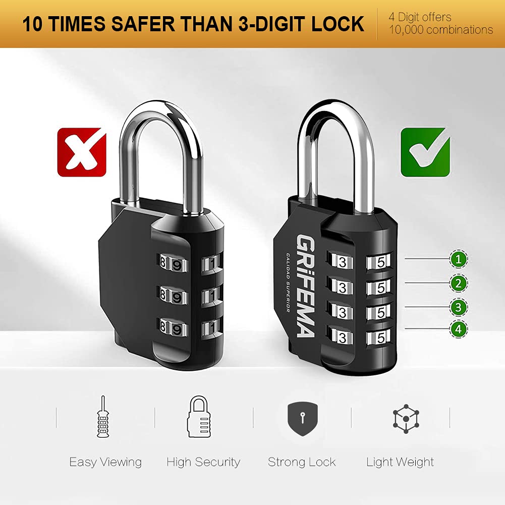 GRIFEMA Combination Padlocks with 4 Digit Code, Locker Padlock Outdoor Heavy Duty Weatherproof for School Gym Locker cabinet, Garage, Gate, Shed GA1001-1 (1 PACK), Black