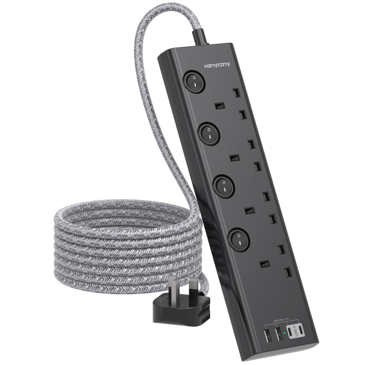 Extension Lead with USB Slots(2 USB C), 4 Way Plug Extension Socket, 1.8M