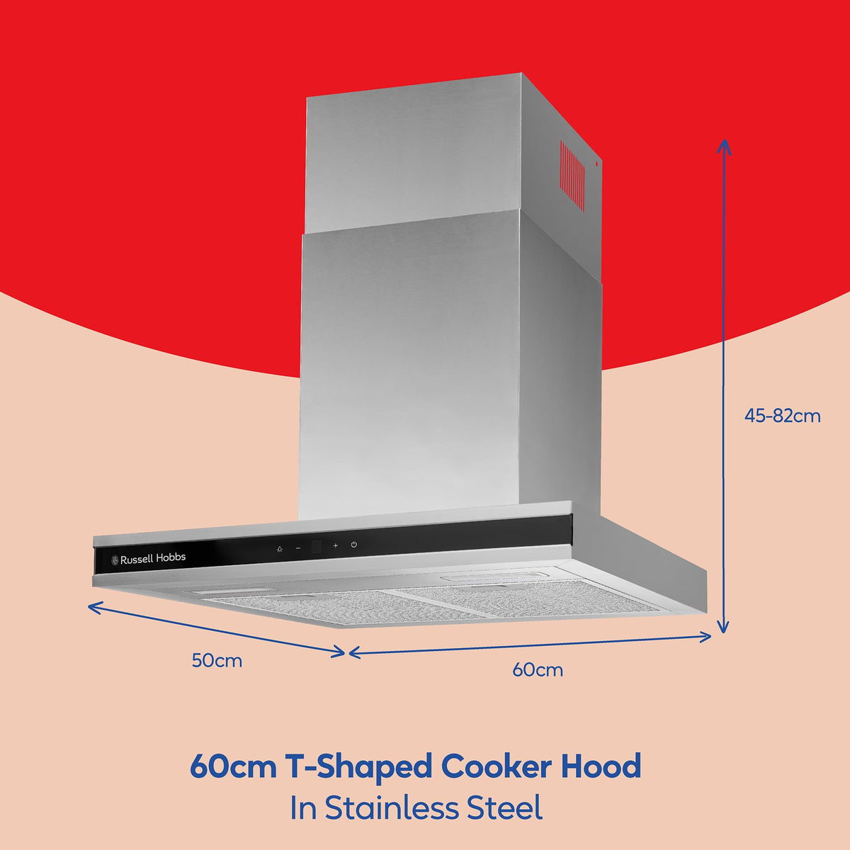 Russell Hobbs 90cm T-Shaped Cooker Hood in Stainless Steel with 3 Speed Settings, 3x Washable Aluminium Filters, Extraction or Recirculation, Boost Function, LED Lights A++ Energy Rating, RHGCH903SS