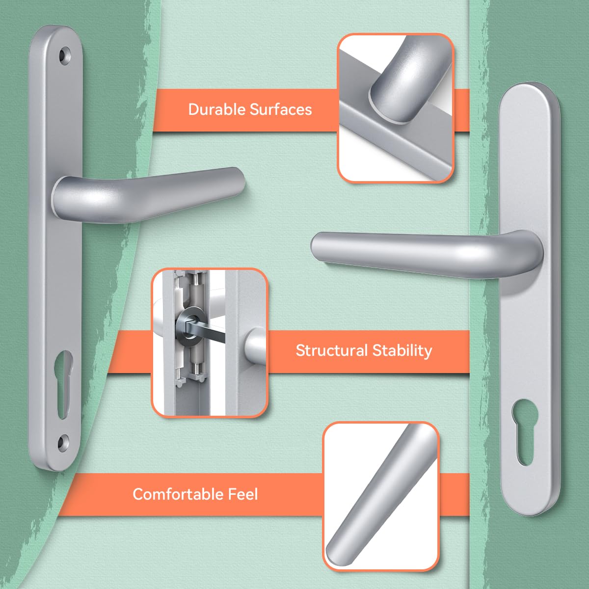 Bwintech 1 Set Black UPVC Door Handle Set, 92mm Backset,122mm Screw Hole Distance, 210mm Plate Length Front Door Handles for UPVC Door