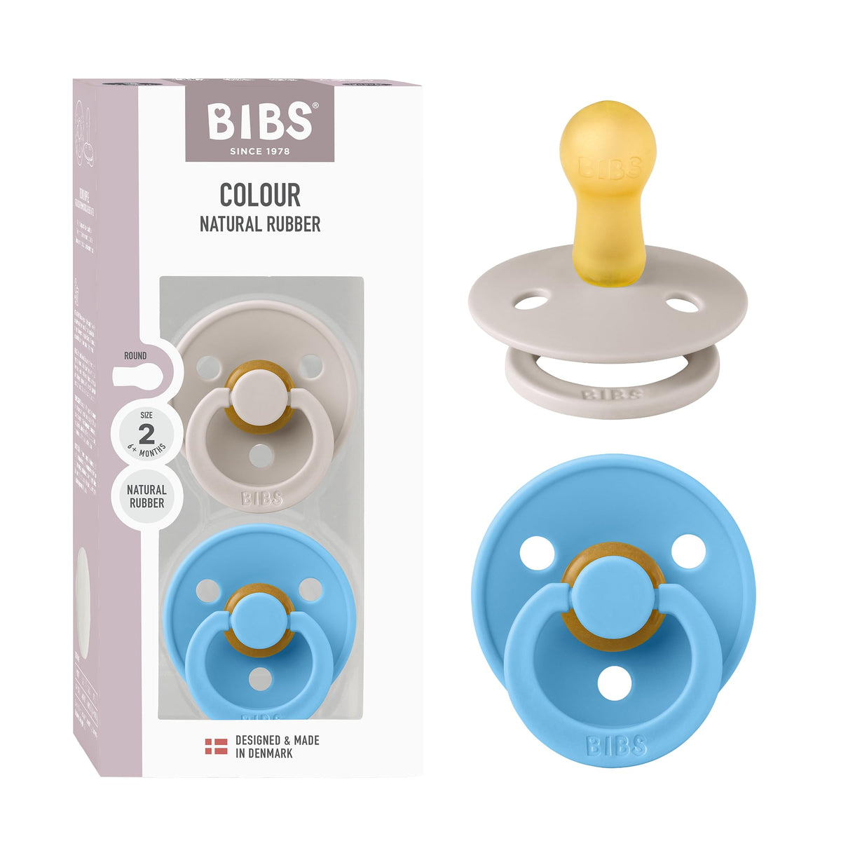 BIBS Colour Soother 2-Pack, BPA Free Dummy Pacifier, Round Nipple. Natural Rubber Latex, Made in Denmark, Size 2 (6-18 Months), Baby Blue