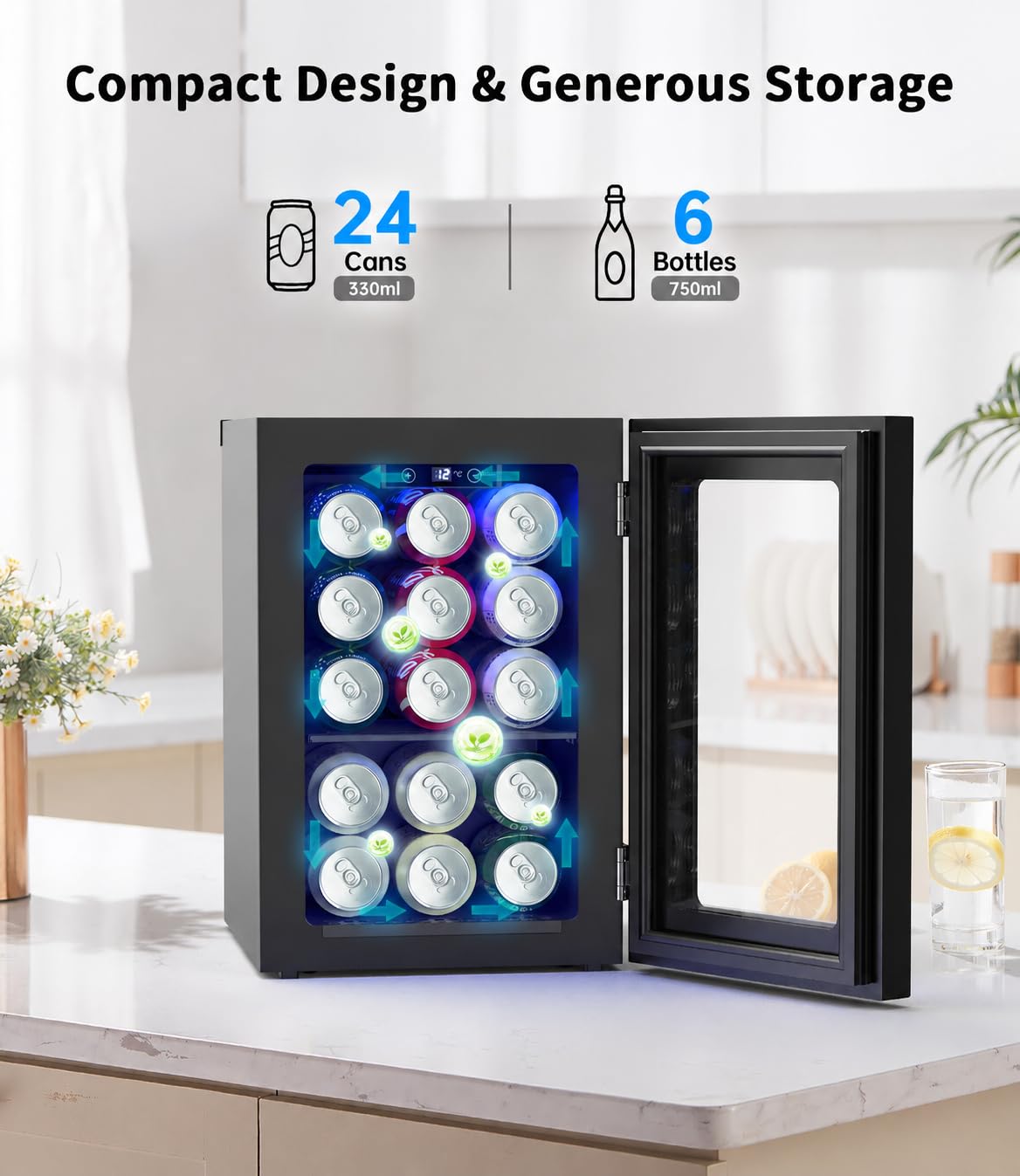 WIE 48L Drinks Fridge with Glass Door, Beer Fridge for 68 Cans or 12 Wine Bottles, Mini Fridge 4-16°C Touch Control, Quiet Beverage Refrigerators with LED Light, Reversible Door for Home, Bar, Office