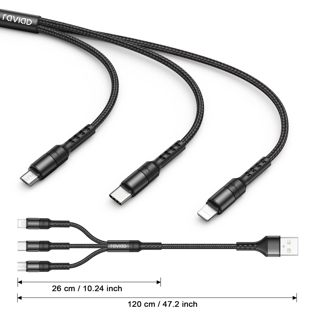 RAVIAD Multi Charger Cable 3 Packs 1.2M 3 in 1 Charging Cable Nylon Braided