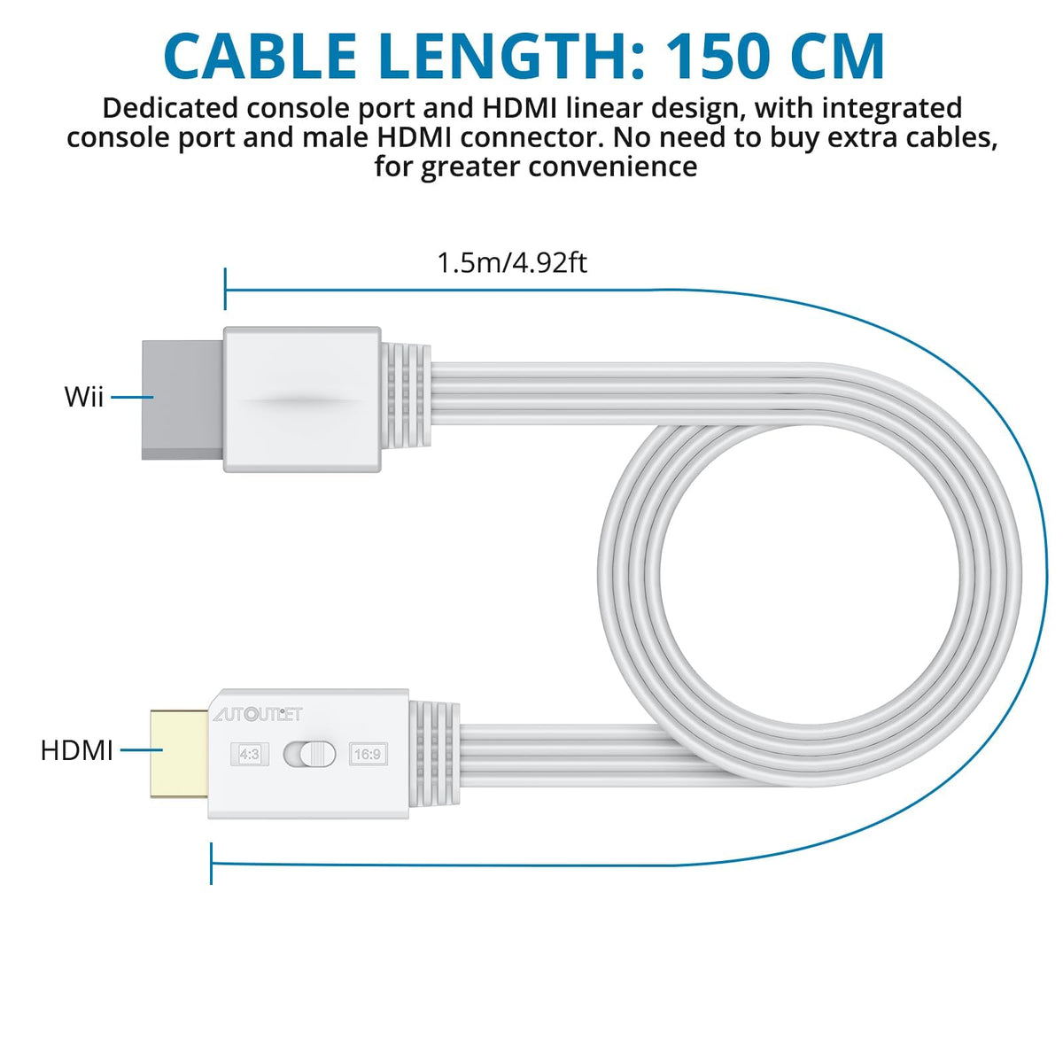 AUTOUTLET Wii to HDMI Converter 1080P 5ft/150 cm for Full HD Device, Adapter with HDMI Male Cable Output Compatible with Nintendo Wii, Wii U, HDTV, Monitor-Supports All Wii Display Modes