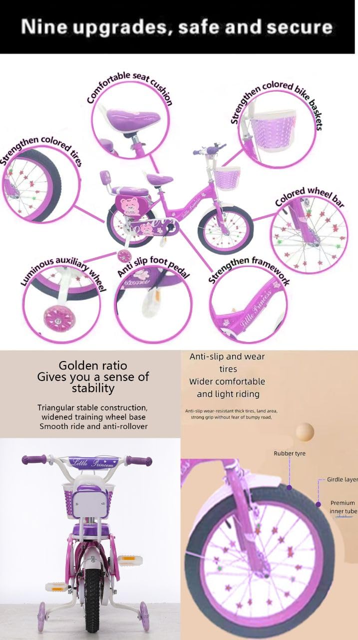 Girls Bike 16" Purple with Stabilisers, Basket & Bell — Adjustable Seat & Handlebars