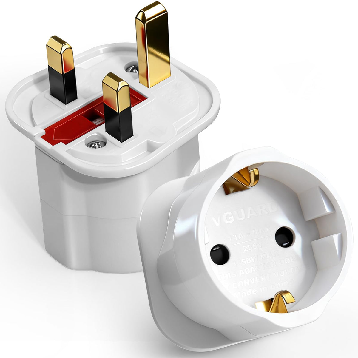 VGUARD European to UK Plug Adapter 2 Pack BS8546 Certified Travel Adapter 2-Pin to 3-Pin, EU Schuko to UK Plug with 13A Fuse for Europe French Spanish German Turkish to UK Socket - Black