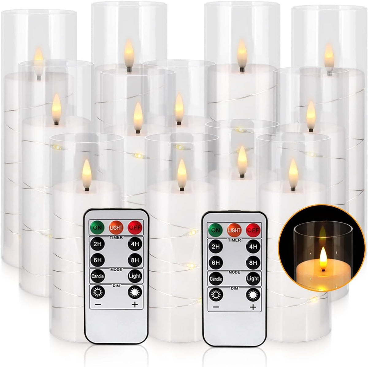 LIVEN Flickering Flameless Candles Battery Operated with Remote,Led Pillar Candles with Realistic Moving Wick Candles for Halloween,Christmas,Home Decor Pack of 12 (D2.2 xH 5" 6" 7")(White)