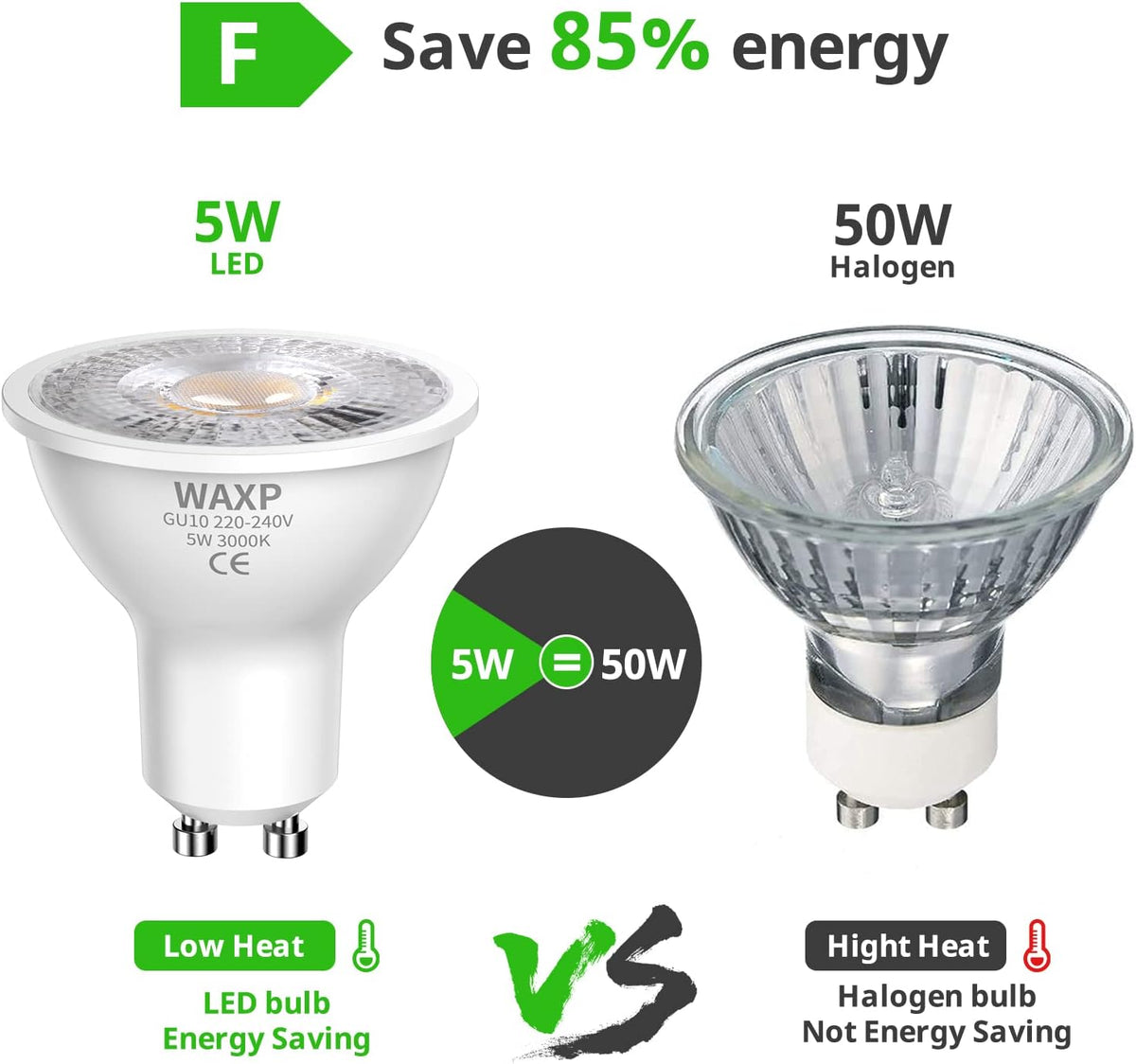 GU10 LED Spot Light Bulbs Warm White 5W, 3000K, 365lm, No Flickering, Energy Saving Light Bulbs, Equivalent 40-50W GU10 Halogen Spotlight Bulbs, Non-Dimmable, 10 Pack
