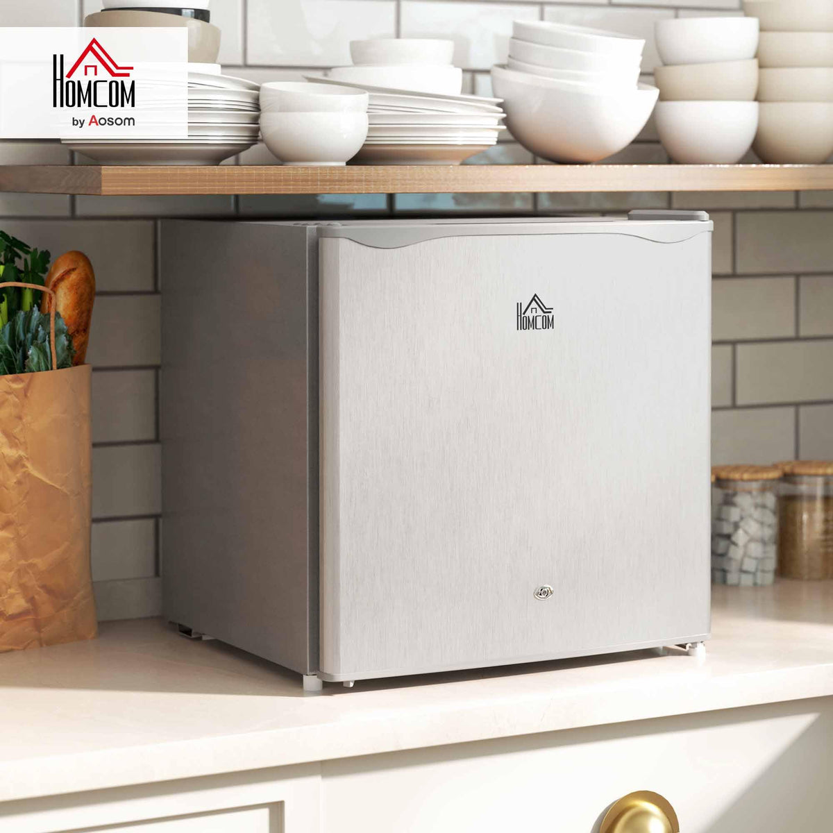 HOMCOM 46L Table Top Mini Fridge with Ice Box, Reversible Door, Cream