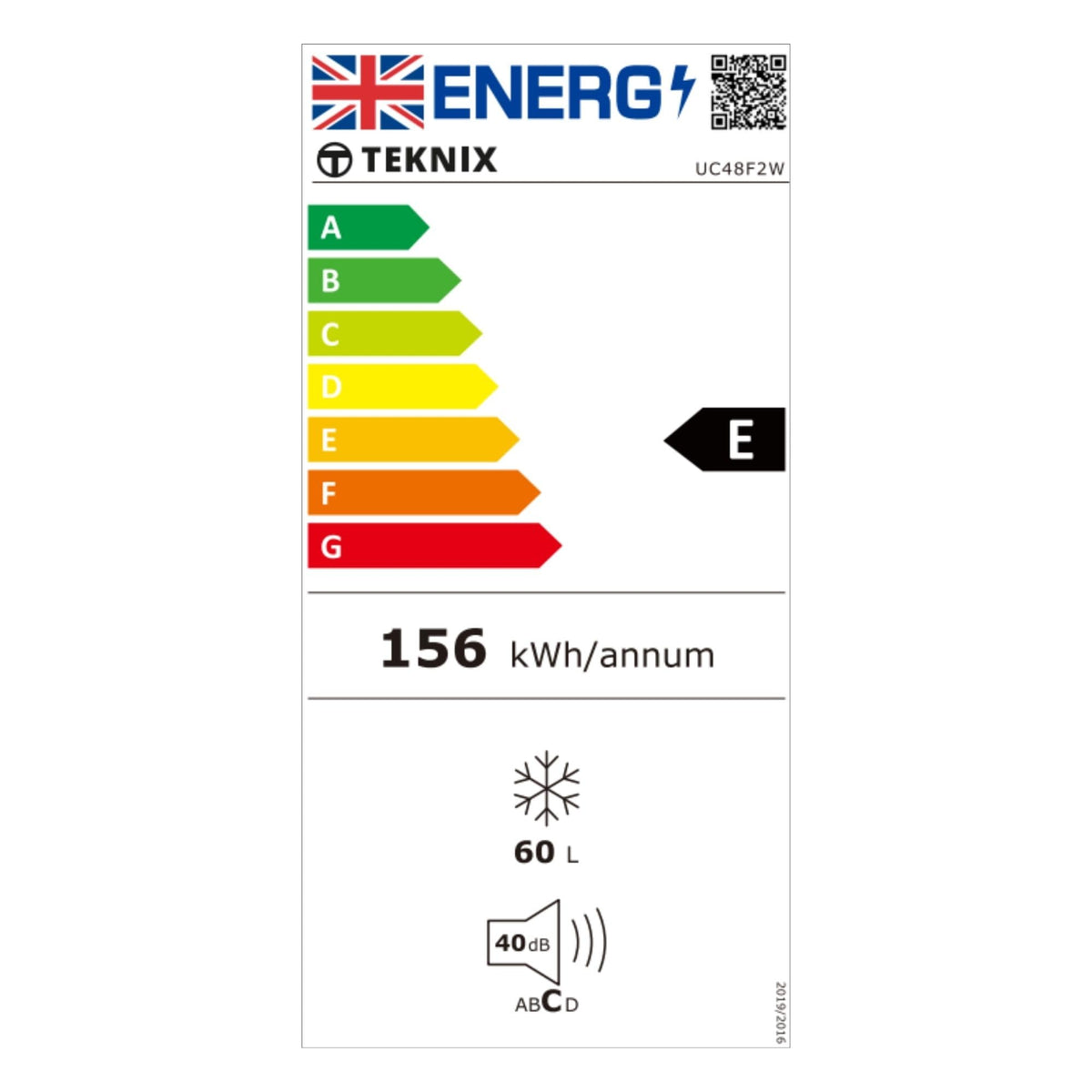 Teknix UC48F2W Freestanding Undercounter Freezer - 48cm Width / 60 Litre Capacity - Suitable for Outbuildings - 3 Large Compartments - 4 Star Freezer Rating - White