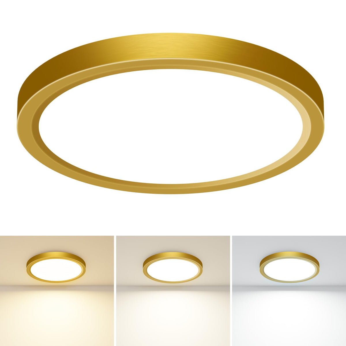 slochi Bathroom Light, 3000K/4000K/6500K 3 Color Temperature, Waterproof, Round, Modern, Flush Ceiling Light for Bathroom, Kitchen, Bedroom, Hallway and MoreØ18CM(Gold)