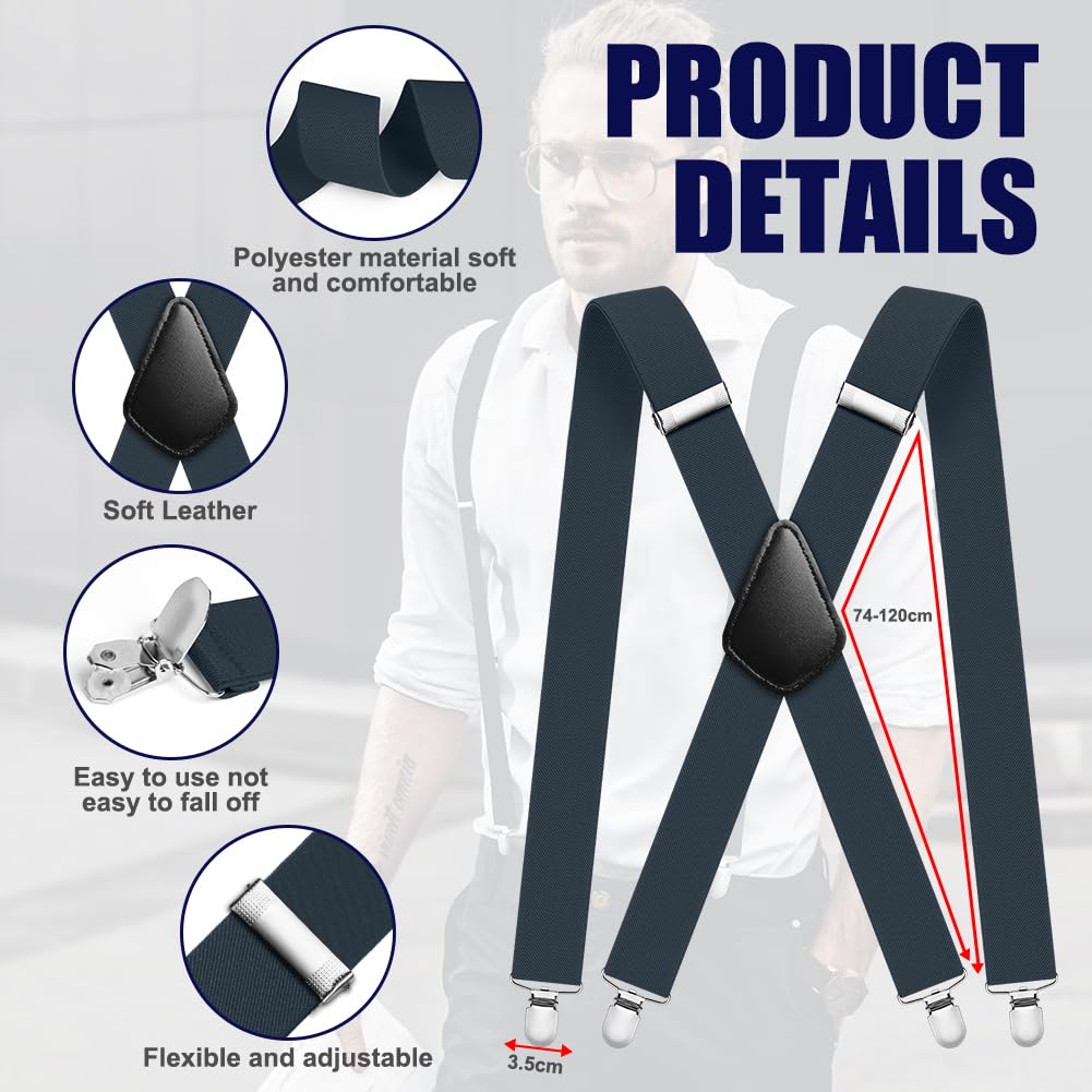 Aomig Mens Braces, Mens Suspenders with Strong Metal Clips, 3.5cm Wide Heavy Duty Suspenders for Men Women Business Wedding Casual
