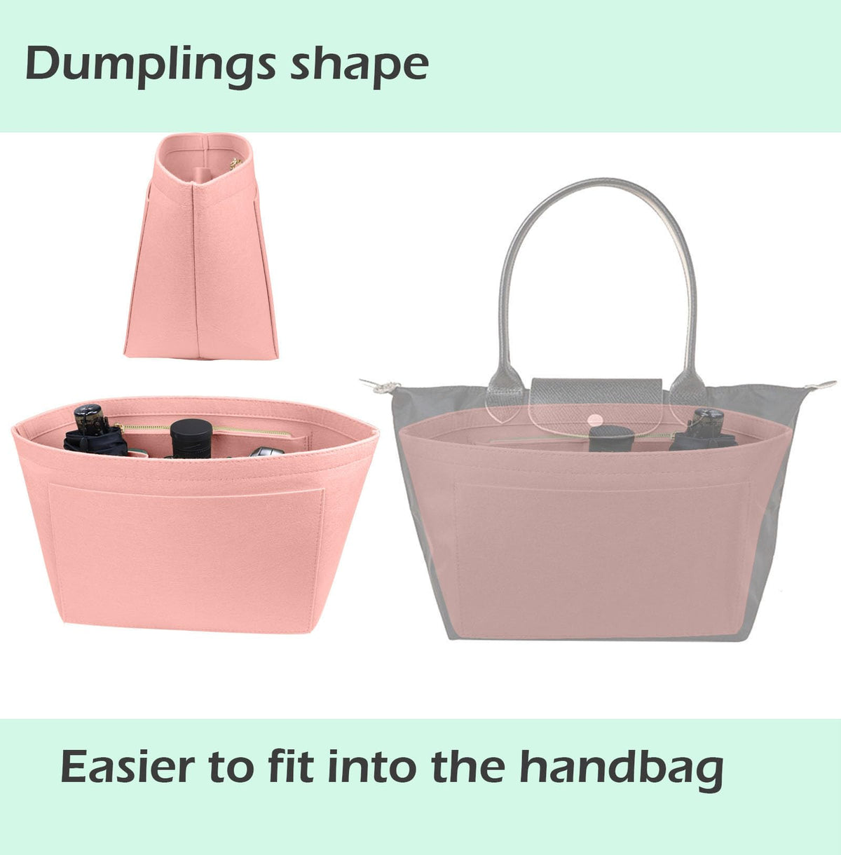 Lckaey tote bag organizer insert for Longchamp le pliage large tote insert felt purse zipper bag organizer 1028pink-S