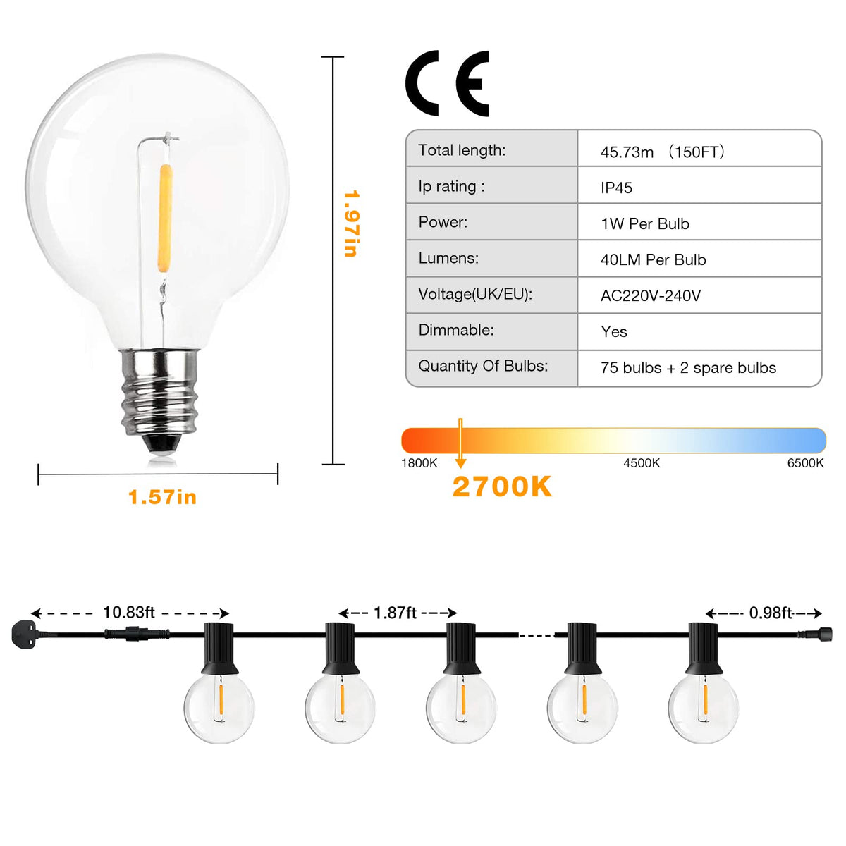GPATIO Garden Lights, 30FT/9M LED Festoon Lights with 16 Shatterproof Bulbs
