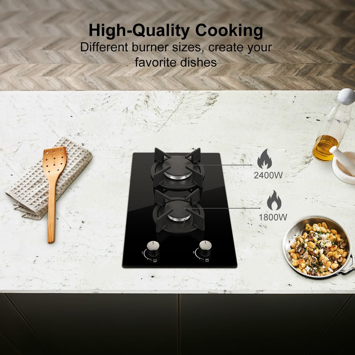 SNDOAS Gas Hob 4 Burners, NG/LPG Convertible, Built-in Black Glass Gas Hob with Wok Burner, Flame Failure Protection, 8000W, YYUKGCT-B04