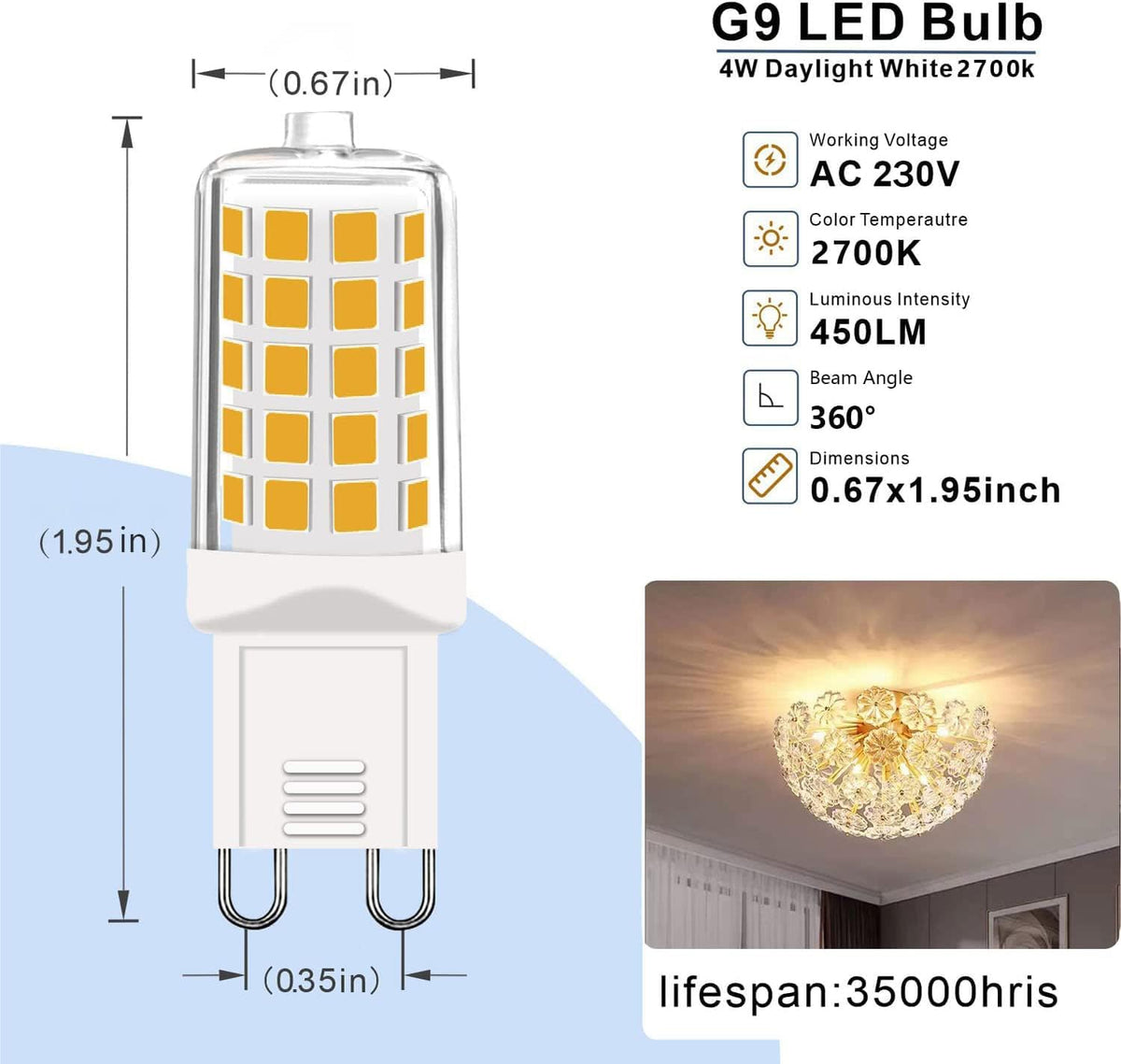 G9 LED Bulbs Dimmable Warm White 2700K, 230V 4W 450Lm T4 LED Bulb Equivalent to 40W Halogen Lamp, G9 Led Bulb No-Flickering Energy Saving for Chandelier, Ceiling Lights Home Lighting Decor 5Pcs