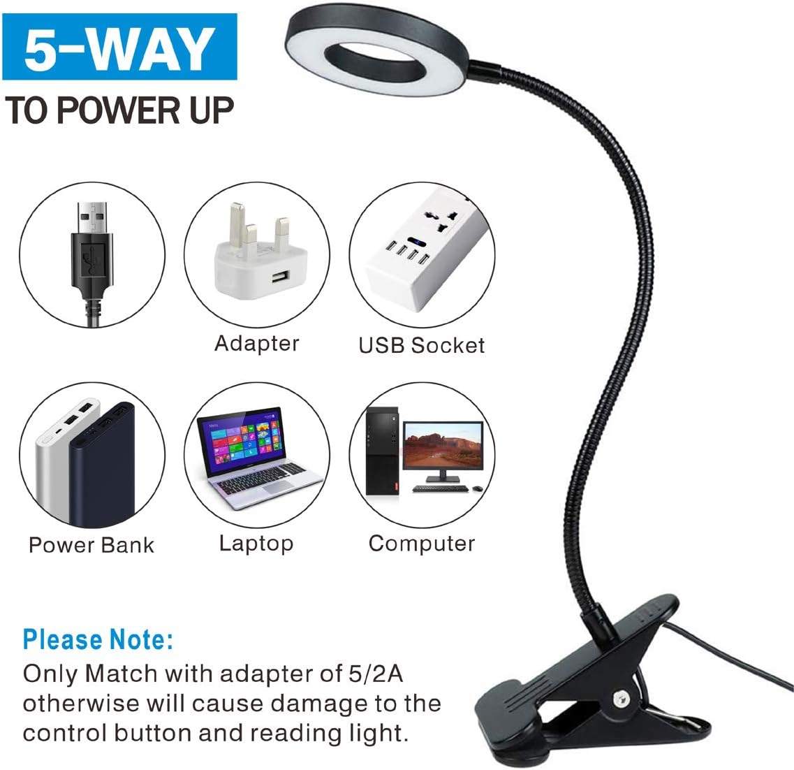 KNAMKY USB LED Desk Lamp Clip On Light, 3 Light Mode 10 Dimmable Brightness Eye Caring Book Adjustable for Reading Studying Working Video Conference Lighting (Black)