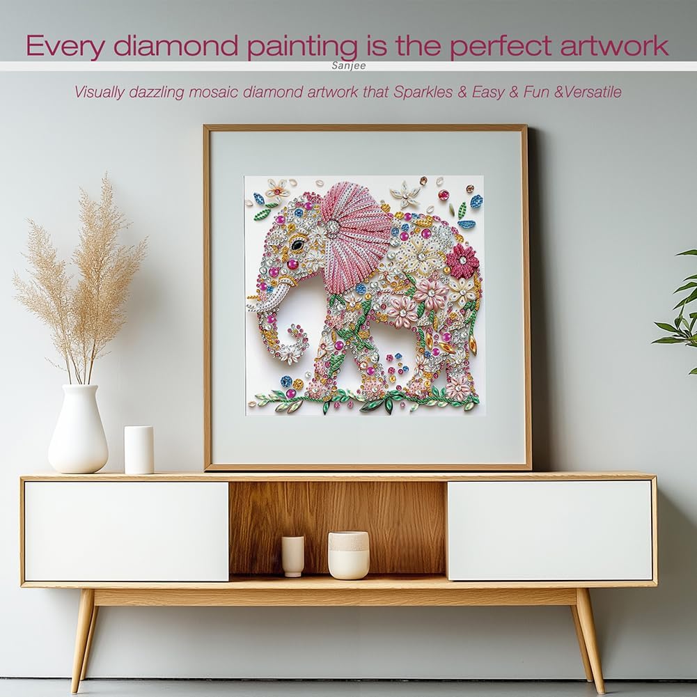 Sanjee Diamond Painting Kits Elephant, 5D Special Shape Animal Diamond Art Kits for Adults, Crystal Rhinestones Art Craft for Beginners DIY Home Wall Decor Gift, 12 × 12 Inches
