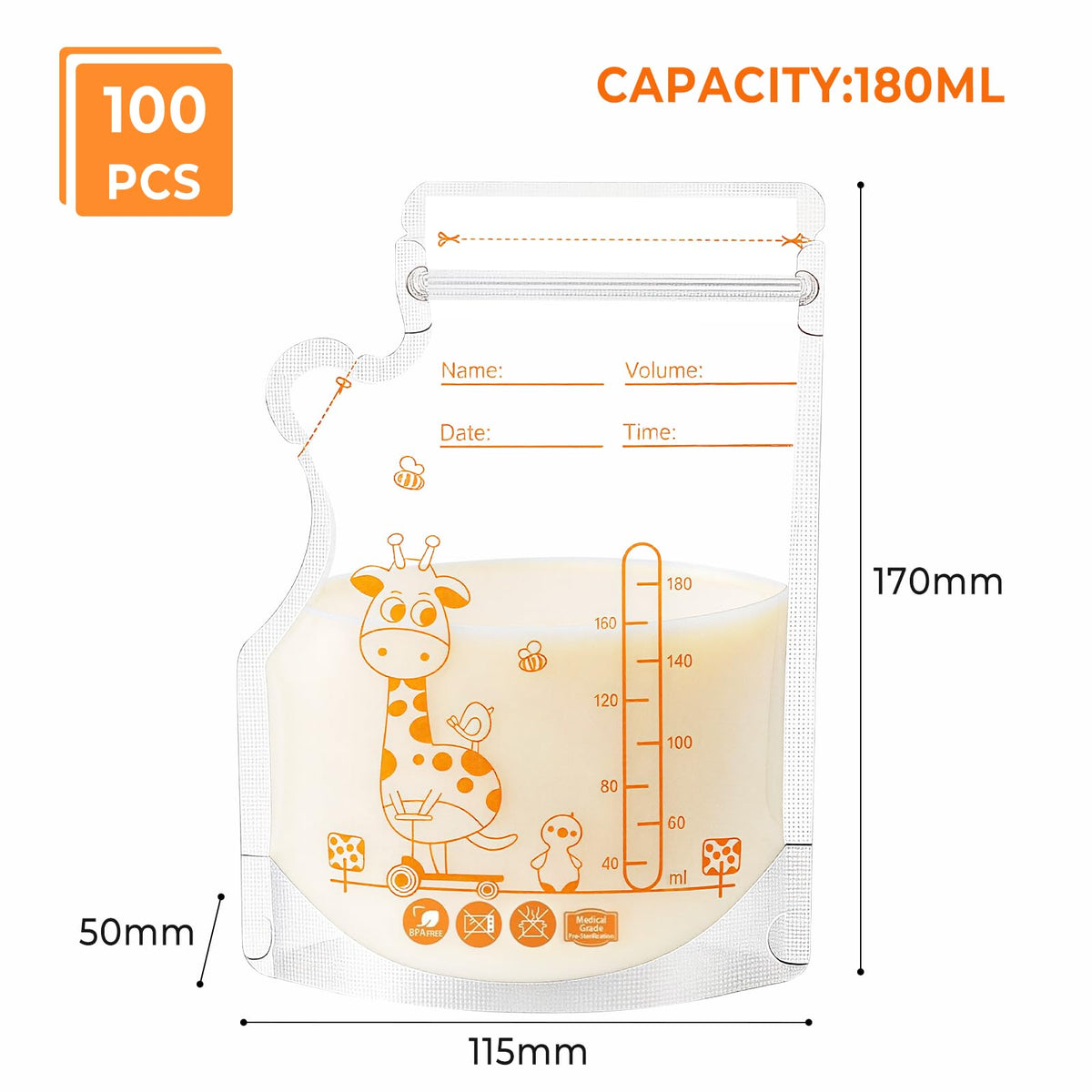 Oderra 250/180ml Breast Milk Storage Bags 50/ 100PCS- Pre-Sterilized Freezer-Safe Breastmilk Bags with Built-In Pour Spout, Double Zip Seal, Hospital Bag Maternity Essentials