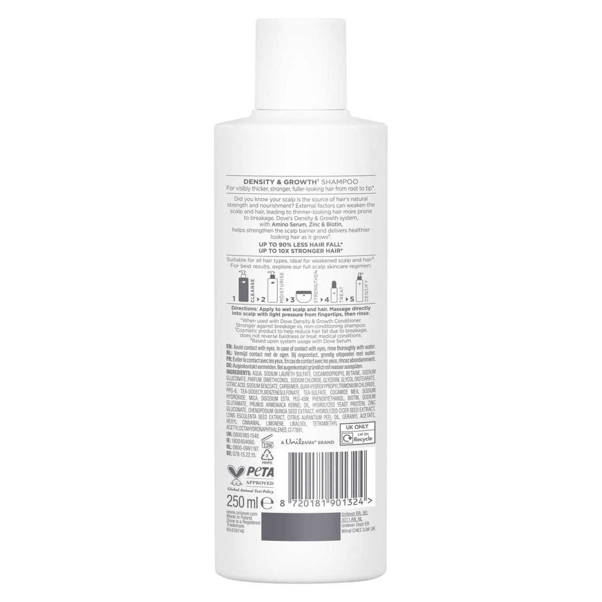 Dove scalp + hair therapy Density & Growth¹ Shampoo hair care with Amino Complex, Zinc and Biotin for up to 90% less hair fall* 250 ml