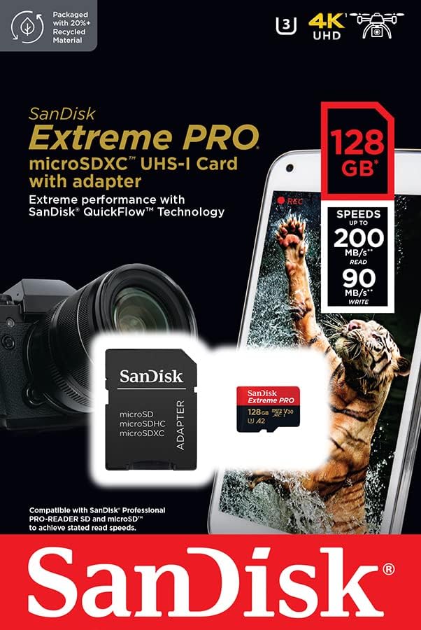 SANDISK Extreme PRO microSD Card + Adapter 128GB, Up to 200MB/s Read Speeds