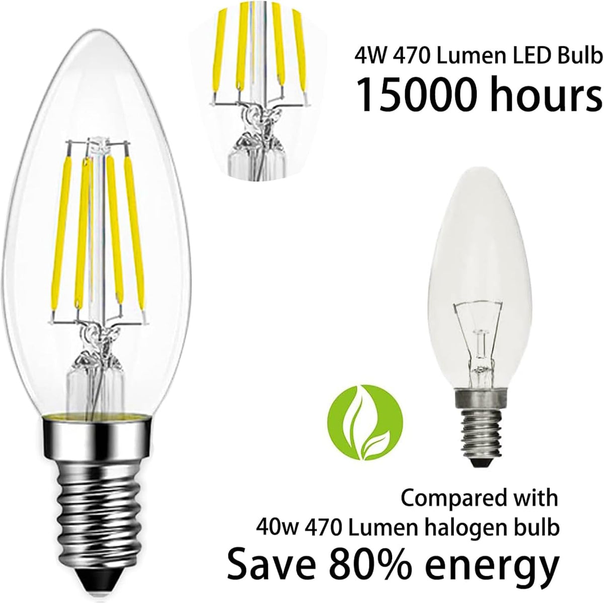 Levidon E14 LED Candle Light Bulbs, Small Edison Screw (SES) 2700K Warm White Clear Filament - Pack of 6