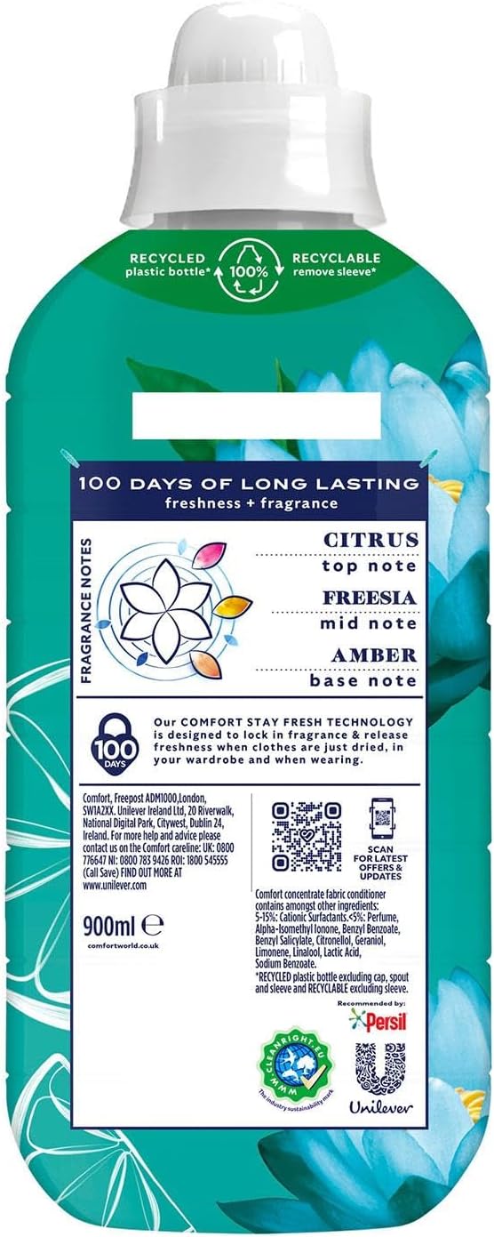 Comfort Creation Concentrated Fabric Conditioner with 100 Days of Long Lasting Fragrance and Softness Intense Liquid Fabric Softener 30 Washes, 900 ml (Waterlily & Lime, Buy 4)