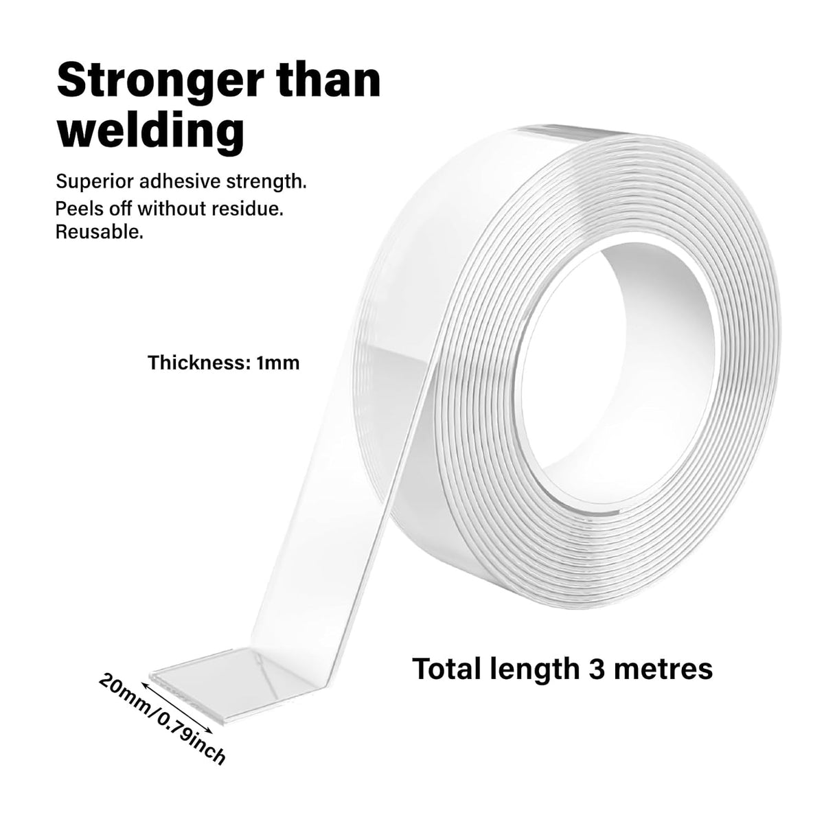 Double Sided Tape Heavy Duty Waterproof,Removable Reusable Multipurpose Clear Adhesive Extra Strong for Carpet Mats/Photos Frames/Craft Wall Mounting (3m*2cm*1mm)