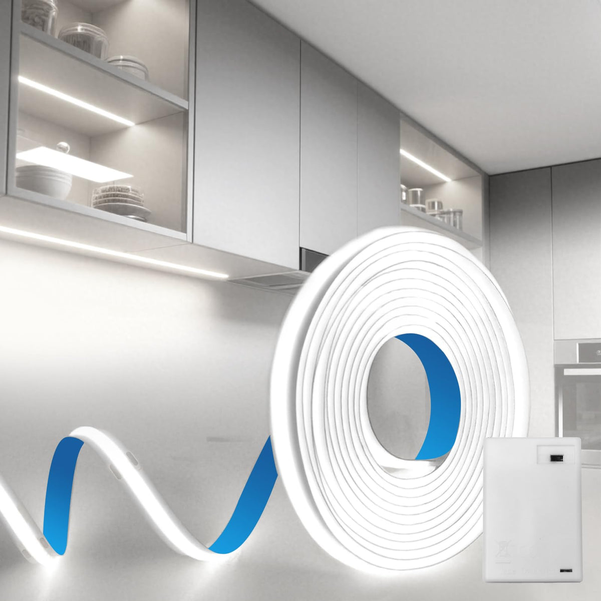 BAGZY Battery LED Strip Light COB 2M 5V Battery Powered LED Strip Tape Lights Cool White 6000K Self Adhesive Flexible Uniform Dotless Cuttable 320LEDs/M for Kitchen Mirror Bedroom Cabinet Decor