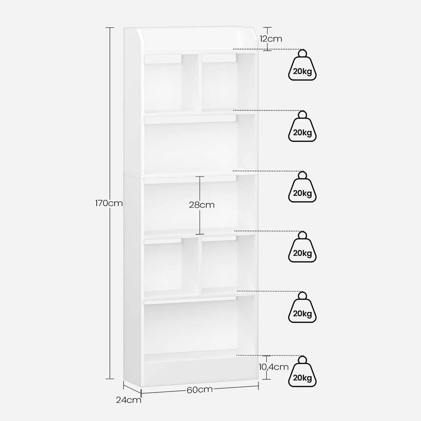 Hzuaneri 6-Tier Bookcase, Bookshelf with 8 Adjustable Storage Shelf Unit, White Bookcase for Living Room, Home Office, Bedroom, Study, 24 x 60 x 199 cm, White, BC11703X