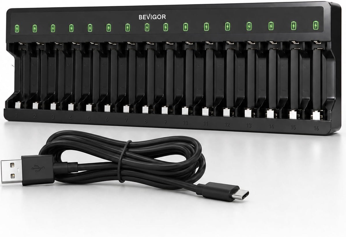 BEVIGOR 16 Slot Battery Charger for AA & AAA Rechargeable Batteries