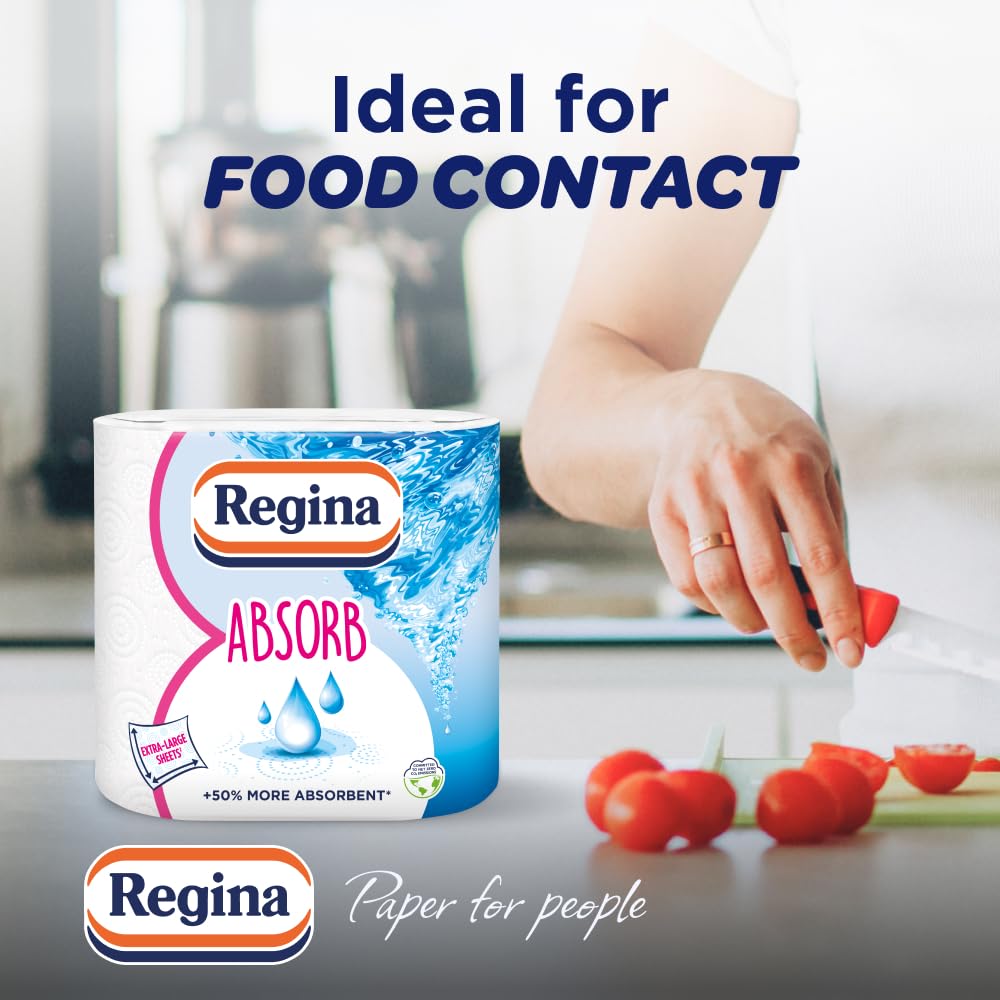 Regina Absorb Plus Kitchen Towels – 8 Super Absorbent 2-ply Kitchen Rolls, 85 Sheets Per Roll, Extra-Large Sheets, 50 Percent More Absorbent Than Previous XXL Products, Easy Open Pack