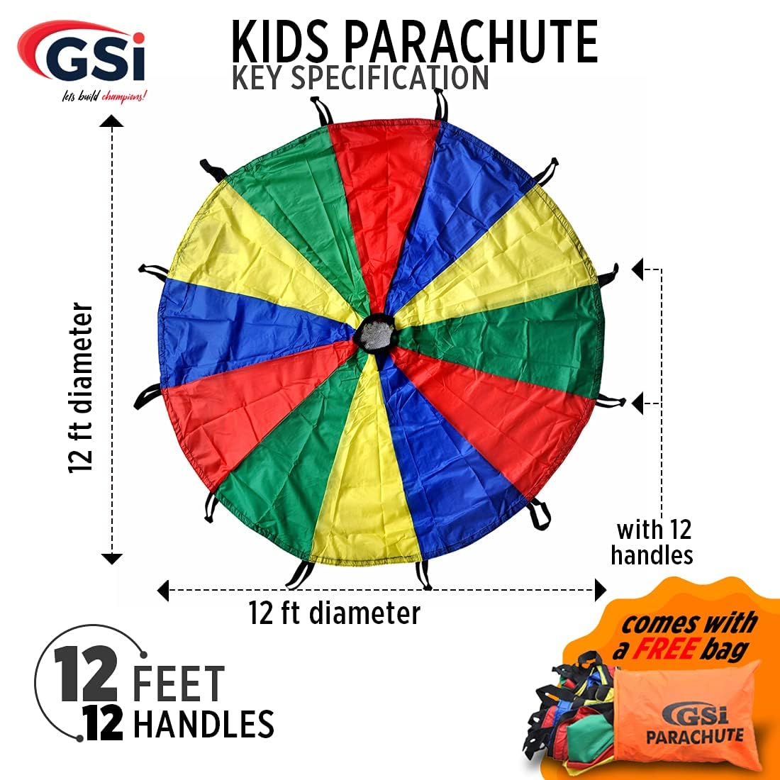 GSi Kids Play Parachute Rainbow Parachute Toy Tent Game for Kids Gymnastics Cooperative Play and Outdoor Playground Activities (6 Feet)