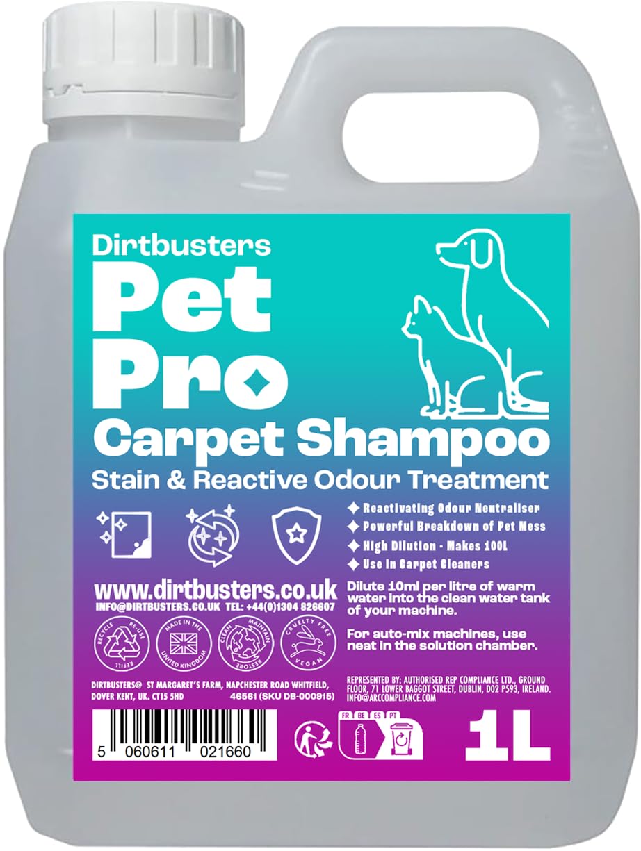 Dirtbusters Pet Pro Carpet Cleaner Shampoo Solution (5L) Deep Cleaning Stain Remover With Odour Neutraliser To Remove Dog & Cat Urine, Makes 500L Of Carpet Cleaner Solution