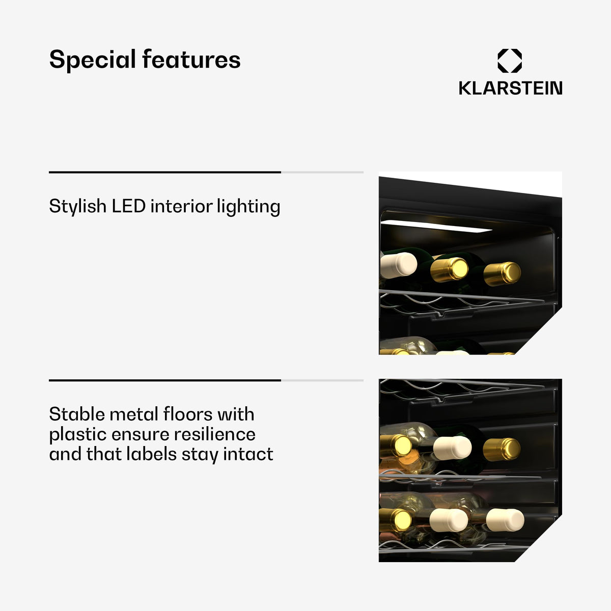 KLARSTEIN Shiraz Wine Cooler Black – 8 Bottles, 1 Zone | Freestanding Wine Fridge with Glass Door, Quiet, 5–18 °C, LED, Stainless Steel Frame