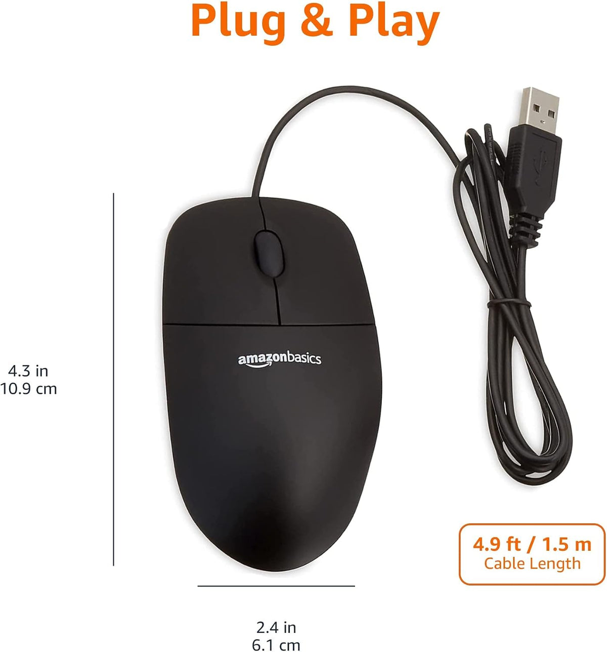 Amazon Basics Responsive and Precise 3-Button Wired USB Computer Mouse with Scrolling and Tracking, Single, Black