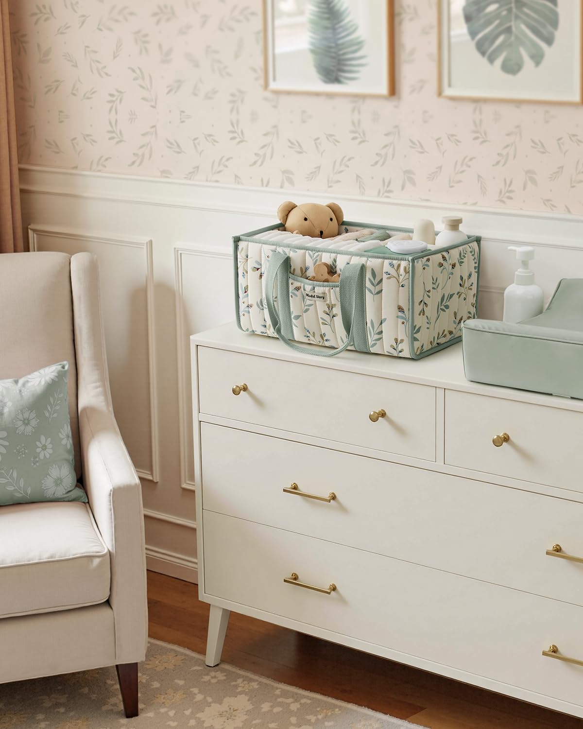 Blissful Diary Nappy Caddy Organiser, Baby Diaper Caddy for Nappy Station, Stylish Storage Basket for Newborn Essentials, Baby Shower Gifts for Girl or Boy, Woodland Cream