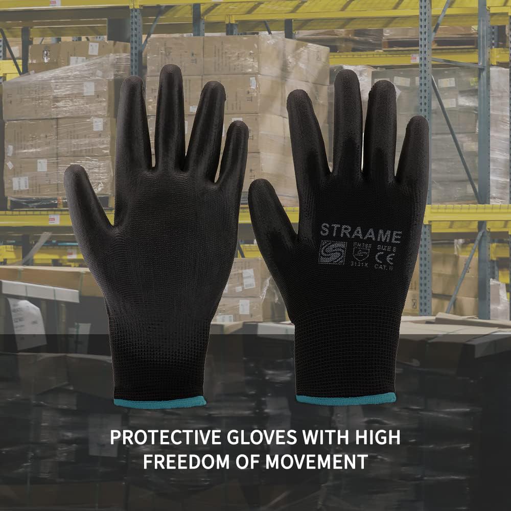 Straame Black Work Gloves, 12 Pairs, PU Coated Nylon, Non-Slip Grip, Size S