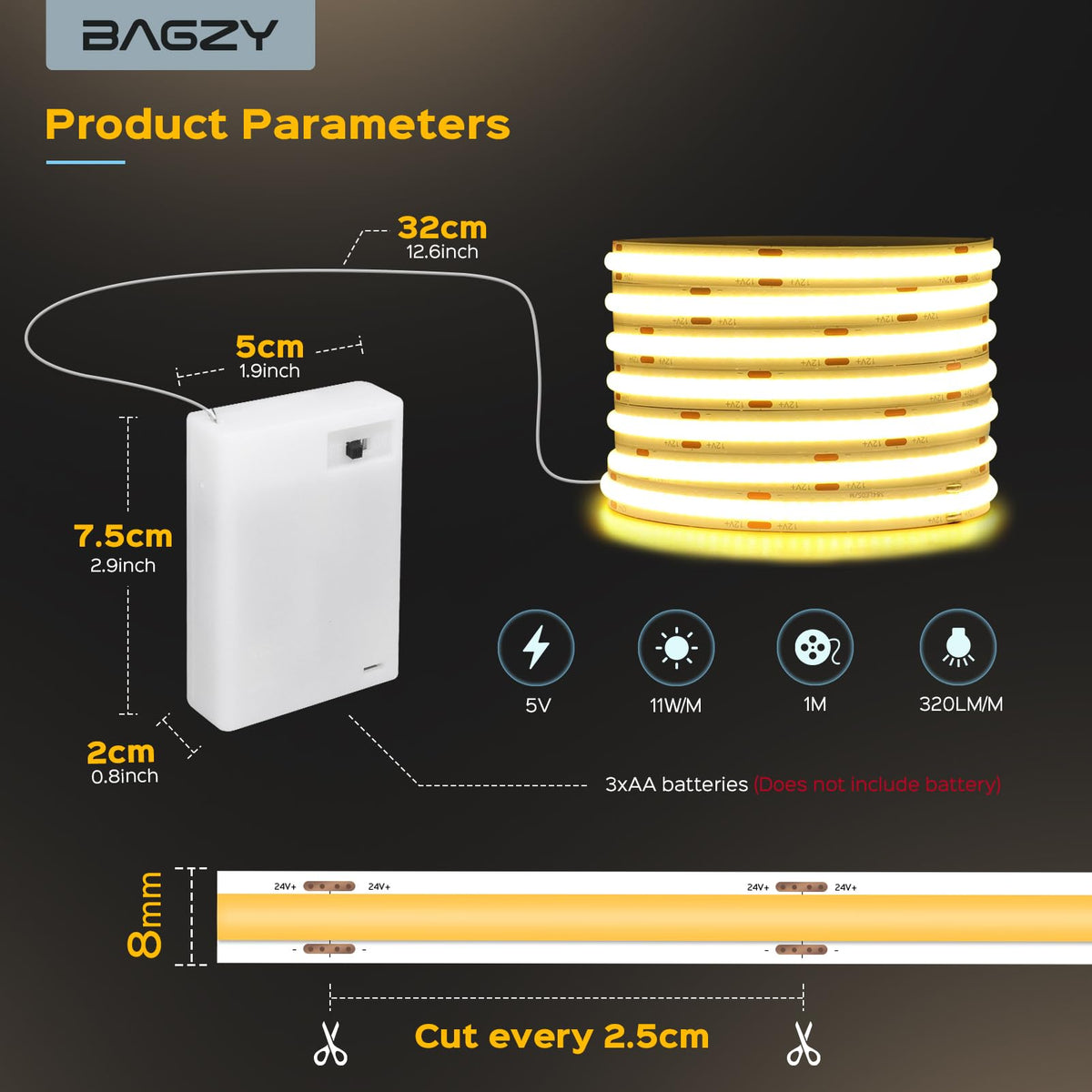 BAGZY Battery LED Strip Light COB 2M 5V Battery Powered LED Strip Tape Lights Cool White 6000K Self Adhesive Flexible Uniform Dotless Cuttable 320LEDs/M for Kitchen Mirror Bedroom Cabinet Decor