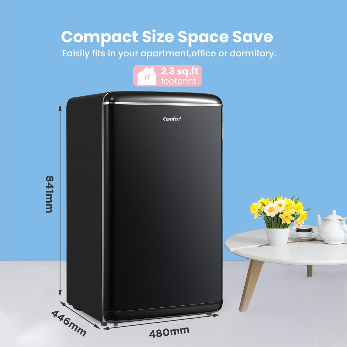COMFEE' 88L Under Counter Fridge, Cooler Box, Removable Handle, Black