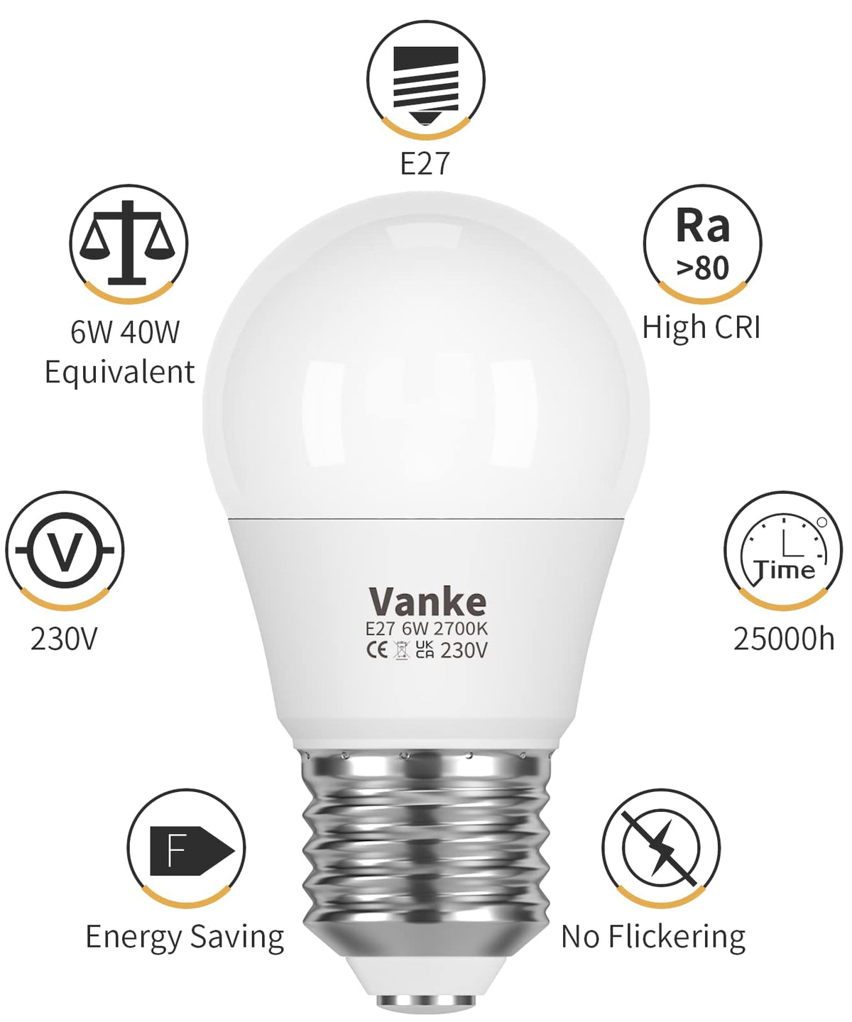 Vanke E27 Screw LED Bulb, Warm White 2700K, 6W(40W Equivalent), Pack of 3