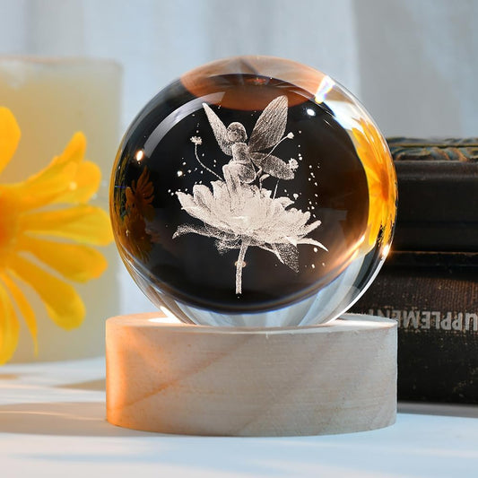 3D Fairy Crystal Ball 60mm Glass Fairy with Flower Night Light Gifts for Girl Women with Light Base