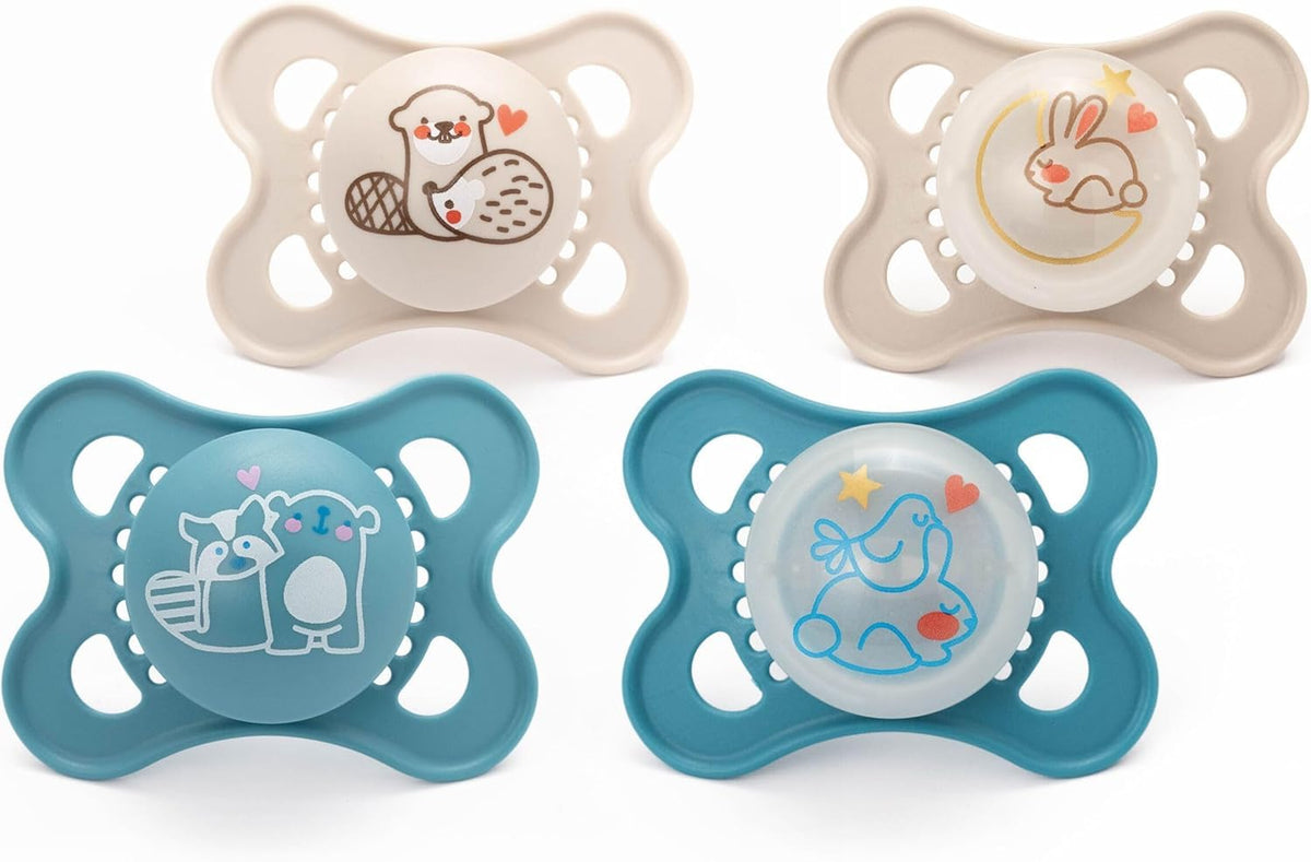 MAM Original Dummies, 0-6M, 4 Pack, 2X Day and 2X Night, Grey/Linen