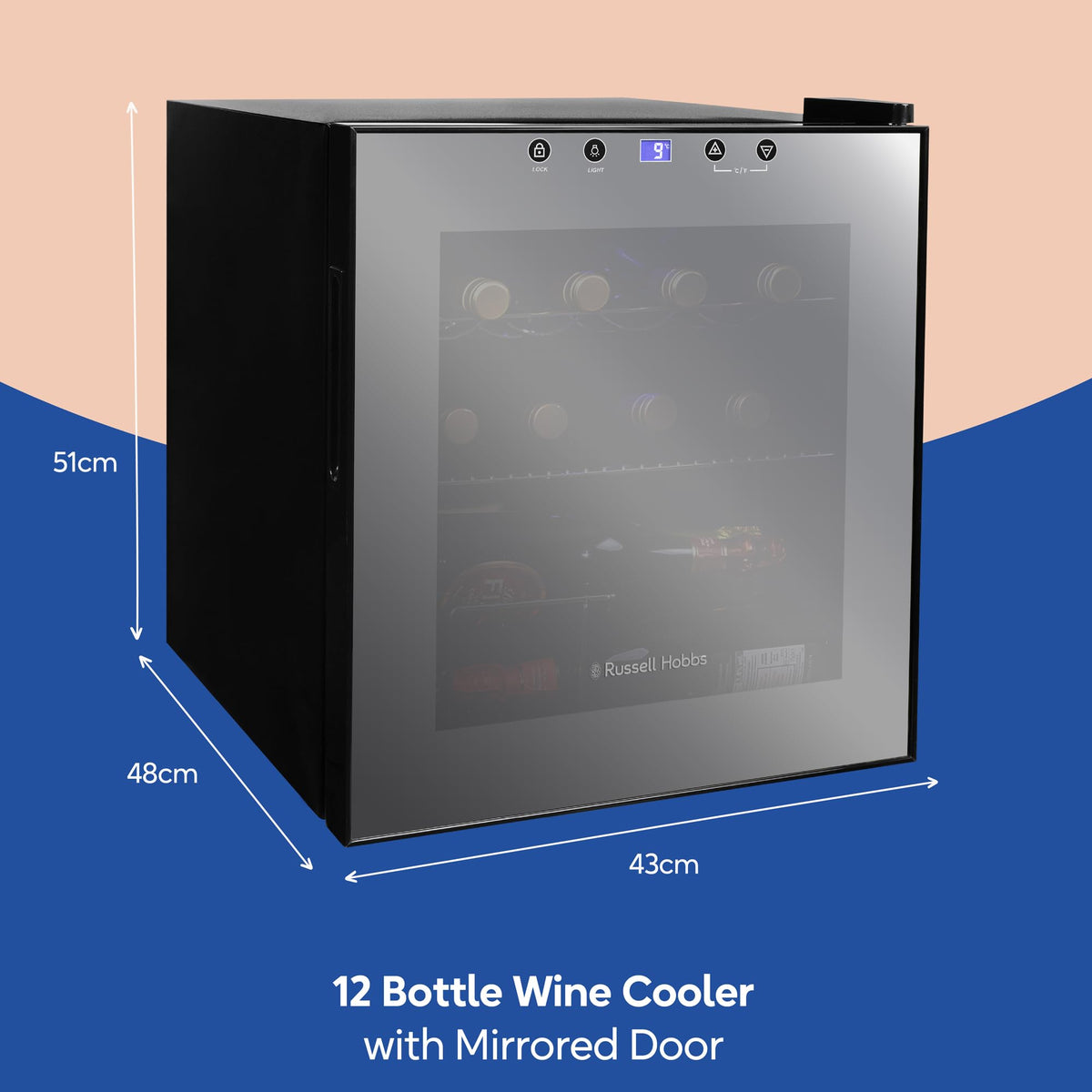 Russell Hobbs 20 Bottle 62L Mirrored Door Wine Cooler Freestanding Beverage Drinks Fridge, LED Light with Touch Control, Digital Display, Adjustable Shelves, Glass Door RH20WC201MR