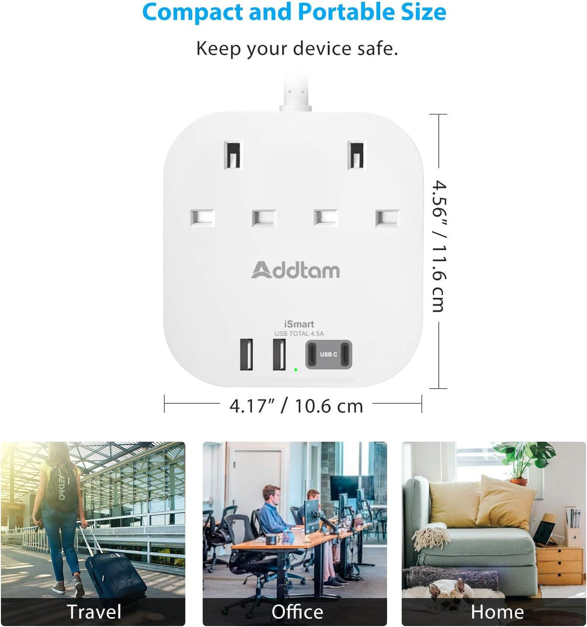 Addtam 3M Extension Lead with USB Slots, Power Strips with 2AC Outlets 4USB